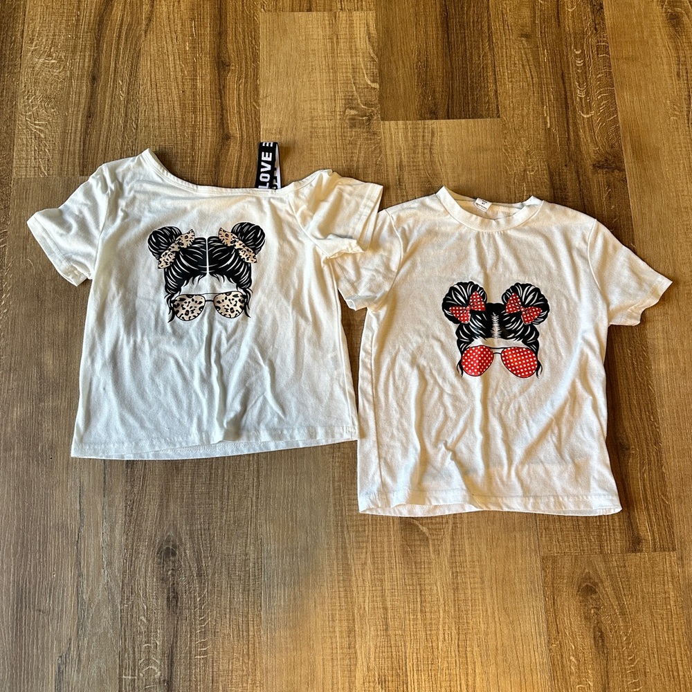 SHEIN White Short Sleeve Tees with messy bun‎ girl design